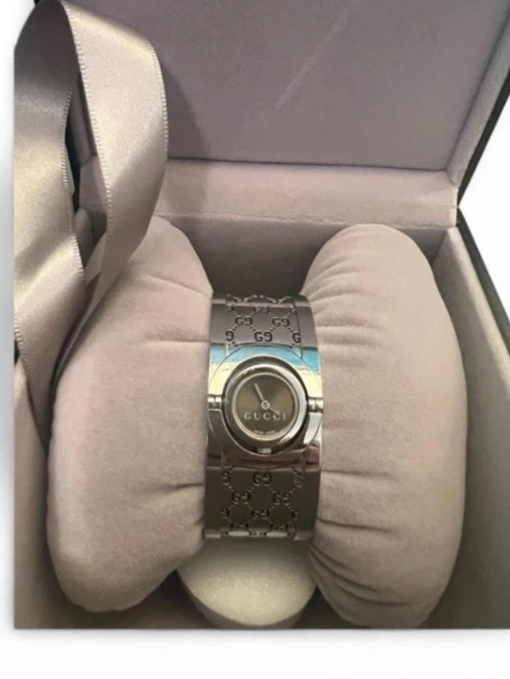 GUCCI Bronze Dial Twirl 112 Stainless Steel Lady' 23mm Quartz Cuff Watch Size 7"